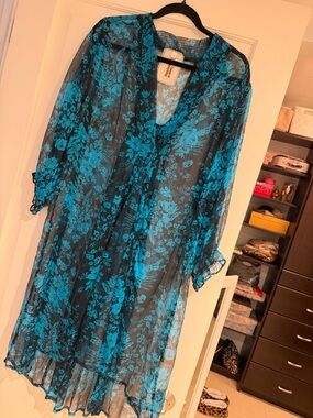 Sheer Floral Kimono Cover-Up in Teal Blue